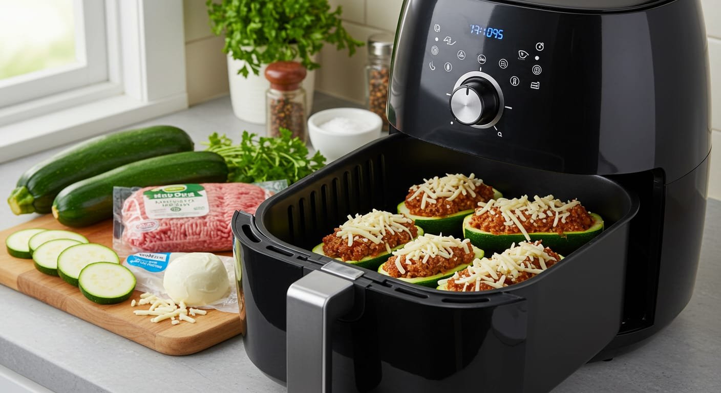 Aprenda a fazer Abobrinha Recheada na Airfryer, leve e saborosa. Passo a passo completo com a Chefe de cozinha Dona Claudia!